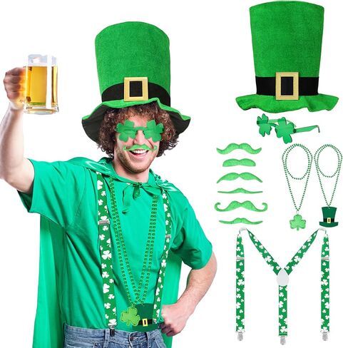 مجموعة إكسسوارات يوم القديس باتريك من كوسريا للكبار، حمالات مرنة للقبعة الأيرلندية، نظارات شامروك، قلائد لحية in Kuwait