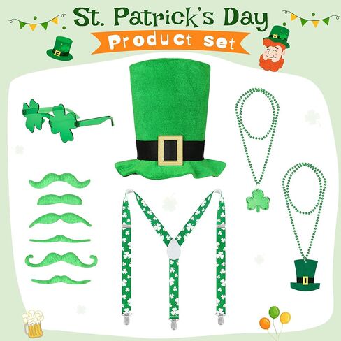 مجموعة إكسسوارات يوم القديس باتريك من كوسريا للكبار، حمالات مرنة للقبعة الأيرلندية، نظارات شامروك، قلائد لحية in Kuwait