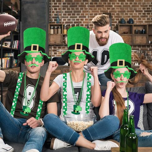 مجموعة إكسسوارات يوم القديس باتريك من كوسريا للكبار، حمالات مرنة للقبعة الأيرلندية، نظارات شامروك، قلائد لحية in Kuwait