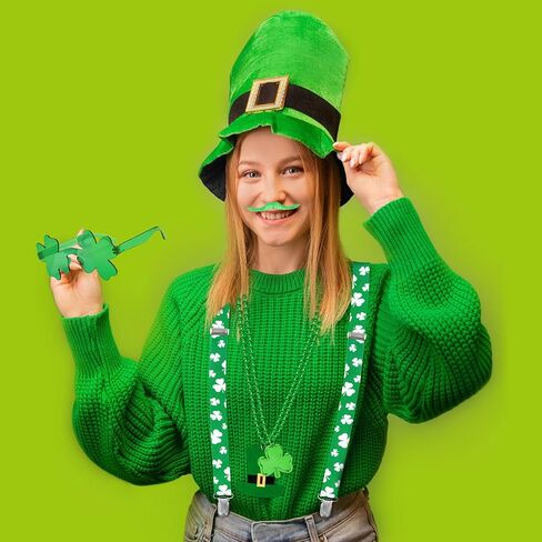 مجموعة إكسسوارات يوم القديس باتريك من كوسريا للكبار، حمالات مرنة للقبعة الأيرلندية، نظارات شامروك، قلائد لحية in Kuwait