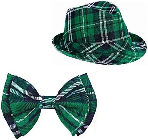 St Patricks Day Hat and Bow Tie Set,Green Costume Accessories Fedora Hat Jazz Hats Green Tie for Women Men Kids Irish Outfit in Kuwait