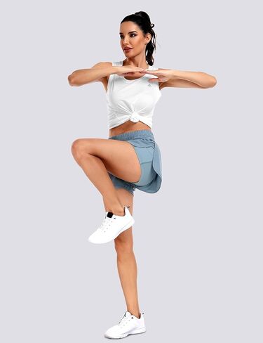 Haimont Women's Running Shorts 2 in 1 High Waisted Athletic Shorts with Drawstring Pockets 3" Compression Liner Shorts in Kuwait