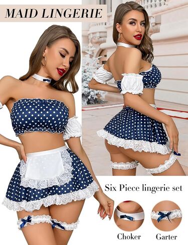 مجموعة الملابس الداخلية Genhoo Maid للنساء 6 قطع ملابس داخلية تنكري للخادمة، ملابس لعب الأدوار، ملابس داخلية، تنورة صغيرة للحفلات in Kuwait