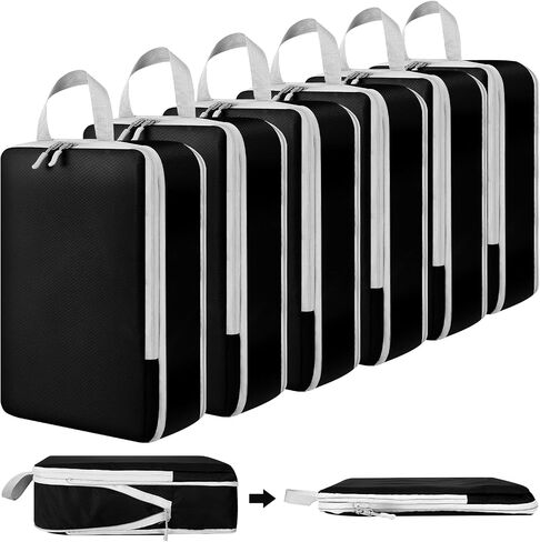 Hosuly 6 Pcs Compression Packing Cubes Packing Travel Organizer Cubes 14 x 10 Inches Packing Cubes for Suitcases Travel, Expandable Luggage Suitcase Bags, Black in Kuwait