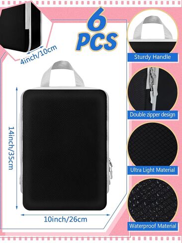 Hosuly 6 Pcs Compression Packing Cubes Packing Travel Organizer Cubes 14 x 10 Inches Packing Cubes for Suitcases Travel, Expandable Luggage Suitcase Bags, Black in Kuwait