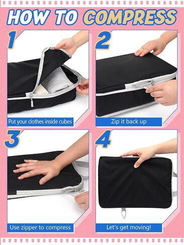 Hosuly 6 Pcs Compression Packing Cubes Packing Travel Organizer Cubes 14 x 10 Inches Packing Cubes for Suitcases Travel, Expandable Luggage Suitcase Bags, Black in Kuwait