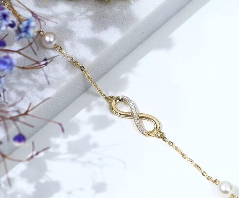 SISGEM 14k Gold Diamond Infinity Bracelet for Women, Real Gold Pearl Love Jewelry Gifts for Wife, Present for Her, 6.9"-8.3" in Saudi Arabia