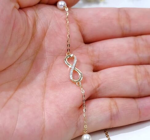 SISGEM 14k Gold Diamond Infinity Bracelet for Women, Real Gold Pearl Love Jewelry Gifts for Wife, Present for Her, 6.9"-8.3" in Saudi Arabia