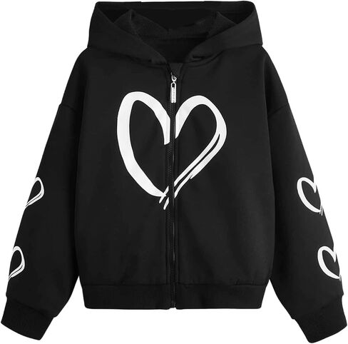 SweatyRocks Girl's Heart Print Long Sleeve Drop Shoulder Sweatshirt Zip Up Hoodie Jacket in Saudi Arabia