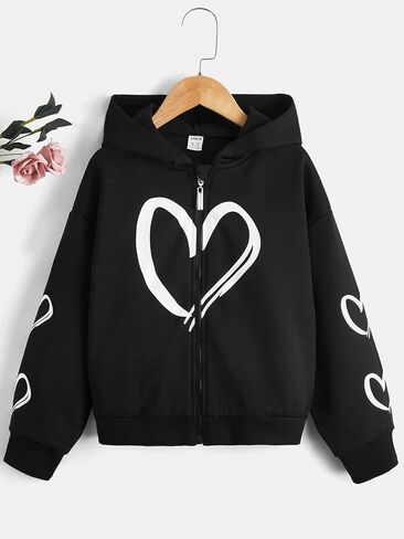SweatyRocks Girl's Heart Print Long Sleeve Drop Shoulder Sweatshirt Zip Up Hoodie Jacket in Saudi Arabia