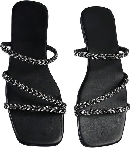 OYOANGLE Women's Rhinestone Decor Thin Straps Sqaure Open Toe Sandals Casual Outdoor Slip on Flat Sandals in Saudi Arabia