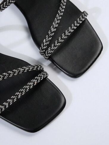 OYOANGLE Women's Rhinestone Decor Thin Straps Sqaure Open Toe Sandals Casual Outdoor Slip on Flat Sandals in Saudi Arabia