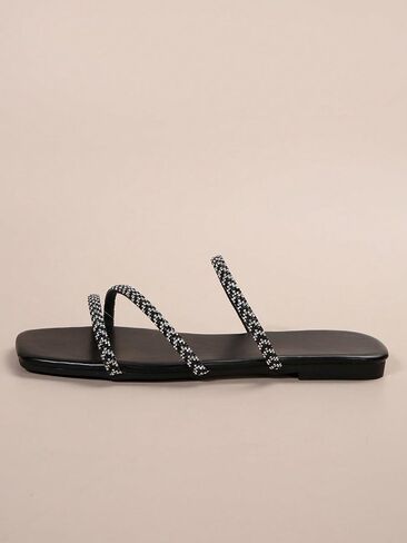 OYOANGLE Women's Rhinestone Decor Thin Straps Sqaure Open Toe Sandals Casual Outdoor Slip on Flat Sandals in Saudi Arabia