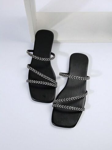 OYOANGLE Women's Rhinestone Decor Thin Straps Sqaure Open Toe Sandals Casual Outdoor Slip on Flat Sandals in Saudi Arabia