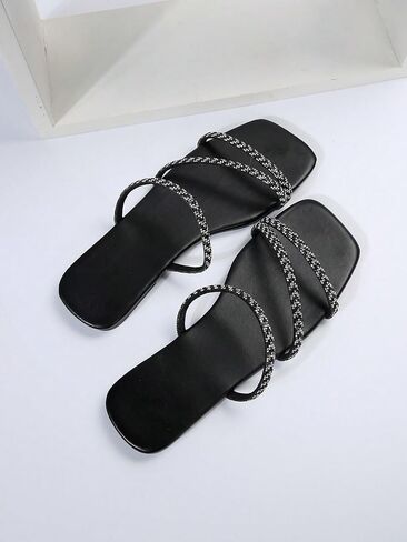 OYOANGLE Women's Rhinestone Decor Thin Straps Sqaure Open Toe Sandals Casual Outdoor Slip on Flat Sandals in Saudi Arabia