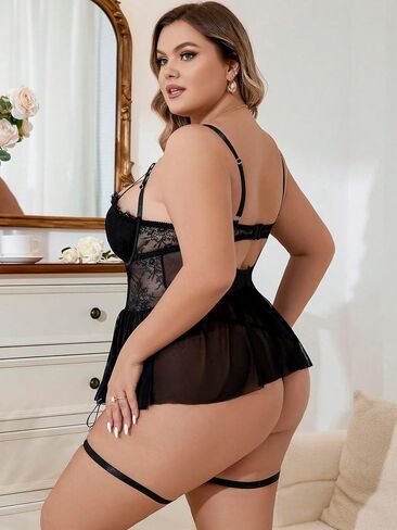 COZYEASE Women's Plus Size Teddy Lingerie Set Babydoll Sheer Lace Nightgown Mesh Chemise Sleepwear in Saudi Arabia