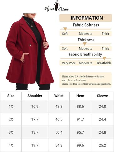 Agnes Orinda Plus Size Peacoat for Women Elegant A Line Notched Lapel Double Breasted Long Coat in Saudi Arabia