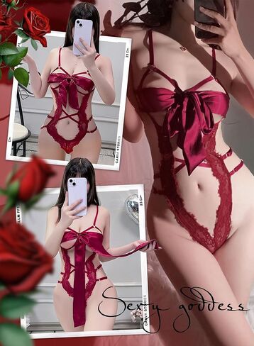 ملابس داخلية نسائية مثيرة من الدانتيل من Ella Lust - ملابس داخلية مثيرة بفيونكة لعيد الميلاد عميقة على شكل حرف V تيدي بيبي دول قطعة واحدة ملابس داخلية رفيعة in Kuwait