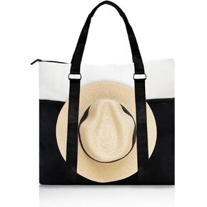 Large Travel Tote Bag with Hat Holder Strap, Beach Tote Bag with Hat Holder, Hat Carrying Tote Bag with Leather Accents