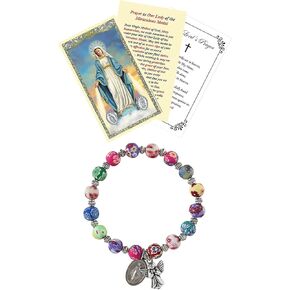 Miraculous Medal Bracelet with Miraculous Medal Prayer Card, The Lord's Prayer Card | Stretch Miraculous Bracelet with Guardian Angel Dangle | Miraculous Medal Bracelet For Women Set of 3 Items