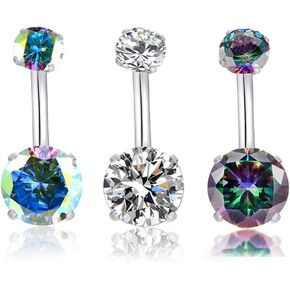 HQLA 14G Belly Button Rings Surgical Stainless Steel Round Cubic Zirconia Navel Barbell Stud Body Piercing