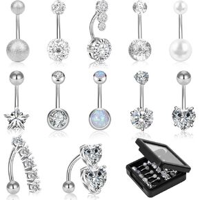 12/15Pcs Belly Button Rings 14G Belly Rings for Women CZ Dangle Curved Navel Barbell Body Piercing Jewelry with Gift Box
