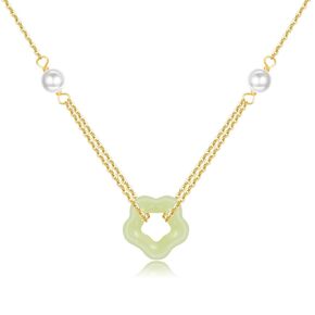 Natural Hetian Jade Necklace for Women, Dainty Cyan Green Jade Flower Charm Pendant Adjustable Choker Necklace Jewelry Chain for Mom Lover Her (925 Sterling Silver with Gold Plated)