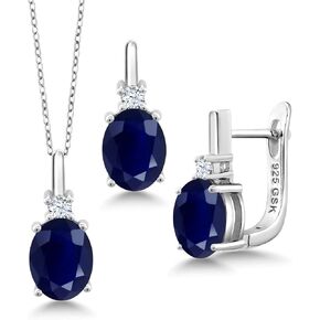 Gem Stone King 925 Sterling Silver Blue Sapphire and White Created Sapphire Pendant and Earrings Jewelry Set For Women (7.55 Cttw, with 18 Inch Silver Chain)