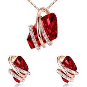 Leafael Wish Stone Necklace and Stud Earrings Jewelry Set for Women, January July Birthstone Ruby Red Crystal Jewelry, Silver Tone Gifts for Women