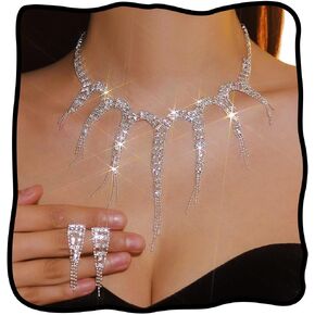 TWINKLEDE Rhinestone Necklace and Earrings Set Crystal Tassel Necklaces for Prom Bridal Wedding Jewelry Sets