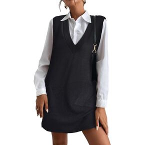 VETIOR Women's Overall Sweater Vest Fall Dresses V Neck Sleeveless Winter Pinafore Dress with Pockets
