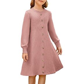 GRACE KARIN Girls Ribbed Knitted Sweater Dress Long Sleeve Casual Fall Winter Dress with Belt Size 5-14 Years