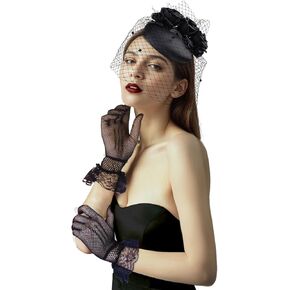 Vijiv Fascinator Hat Tea Party Flower Derby Hats and Short Lace Gloves Set for Women 1920s Wedding Pillbox Hat Veil Headband