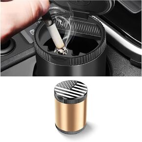 Car Ashtray with Lid, Detachable Ash Container for Vehicles Cup Holder, USA Flag Cigarette Smokeless Cylinder Mini Trash Can, Portable Auto Accessories Mini Trash Can for Office Home (Black)