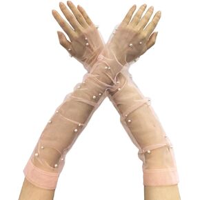 Women Sheer Long Gloves Pearl Mesh Tulle Sheer Gloves Fingerless Gloves Wedding Bridal Gloves Long Opera Party Gloves