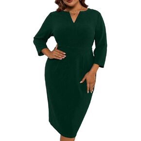 Runwind Women's Plus Size Midi Dresses for Curvy Women Church Work Pencil Dress V Neck 3/4 Sleeve