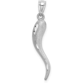 14k White Gold Solid Diamond-Cut Cornicello Italian Horn Protection Charm Pendant - 30mm x 5mm
