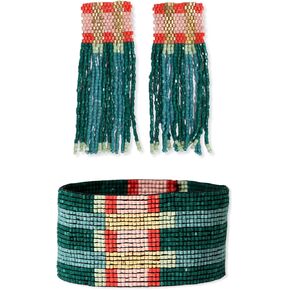 مجموعة مجوهرات بوهو بالحبر + سبيكة مطرزة - أقراط أفا مهدبة ومجموعة أساور بروكلين القابلة للتمدد (بريبي حديثة) in Kuwait