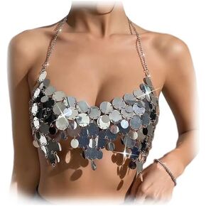 Summer Beach Sequin Backless Crop Tank Tops for Women Sexy Hollow Out Outfit Glitter Bra Tops Rave Body Chain Jewelry