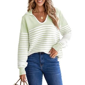 EVALESS Womens Fall Oversized Striped Sweaters Pullover Cable Knit V Neck Long Sleeve Color Block Casual Loose Tops Clothes