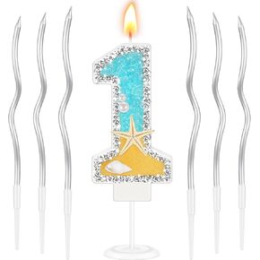 MTLEE Number Birthday Candle for Cake Beach Starfish Sequins Number Candles with 6 Pcs Twisty Curly Coil Candles Cake Topper Decoration for Ocean Mermaid Party Wedding Anniversary(Number 1)