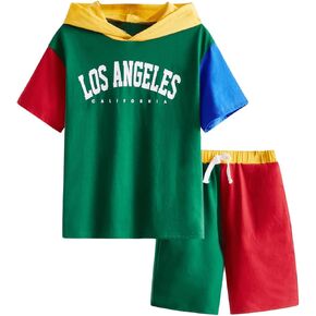 SweatyRocks Boy's 2 Piece Outfits Letter Print Color Block Drawstring Hooded T Shirt and Shorts Clothes Sets