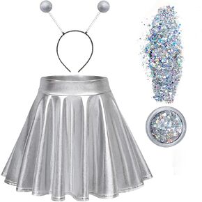 Flared Pleated Mini Skater Skirt Metallic Skirt Halloween Alien Headband with Face Glitter