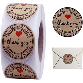 1.5 Inch Handmade with Love Stickers,500Pcs Thank You with Love Heart Sticker Baked Stickers Paper Lables Tags for Baking Packaging,Homemade Gift,Envelope Seals,Party Gift Wrap Bag (Brown01)