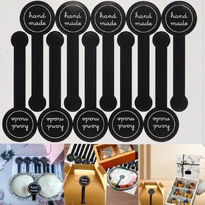 200 Pcs Handmade Lollipop Baking Seal Stickers - Black Hand Made Long Label Stickers, Bakery Cake Box Tamper Evident Stickers, Canned Goods Self-Adhesive Packaging Labels