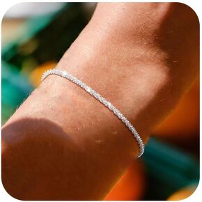 Silver Link Bracelet for Women, 14K White Gold Plated Hypoallergenic Lightweight Cute Sparkle Chain Bracelet, Small Adjustable Shiny Simple Bracelet