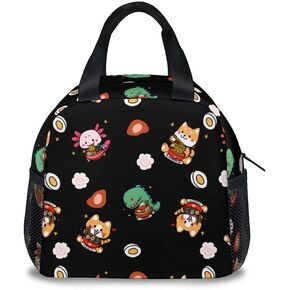 Japanese Ramen Anime Lunch Bag for Girls Boys, Insulated Lunchbox for Kids, Black Cute Lunch Bags Reusable, Small Foldable Lunchbag for Work School