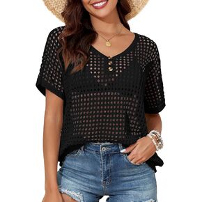PrettyGuide Women's Crochet Tops Summer V Neck Short Sleeve Beach Swimsuit Cover Up Casual Hollow Out Knit Tops