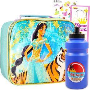 Princess Jasmine Lunch Box for Girls Set - Bundle with Insulated Aladdin Lunch Bag Plus Stickers, Water Bottle, More for Kids | Disney Princess Jasmine Lunch Container for Girls
