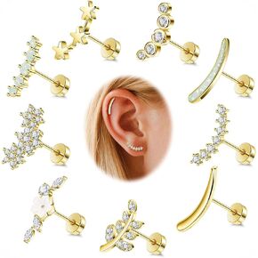 9Pcs 18G 14K Gold 316L Stainless Steel Cartilage Earrings for Women Helix Earrings Dainty Opal Leaf Flat Back Stud Earrings CZ Flower Conch Earrings Piercing Jewelry 6/8MM